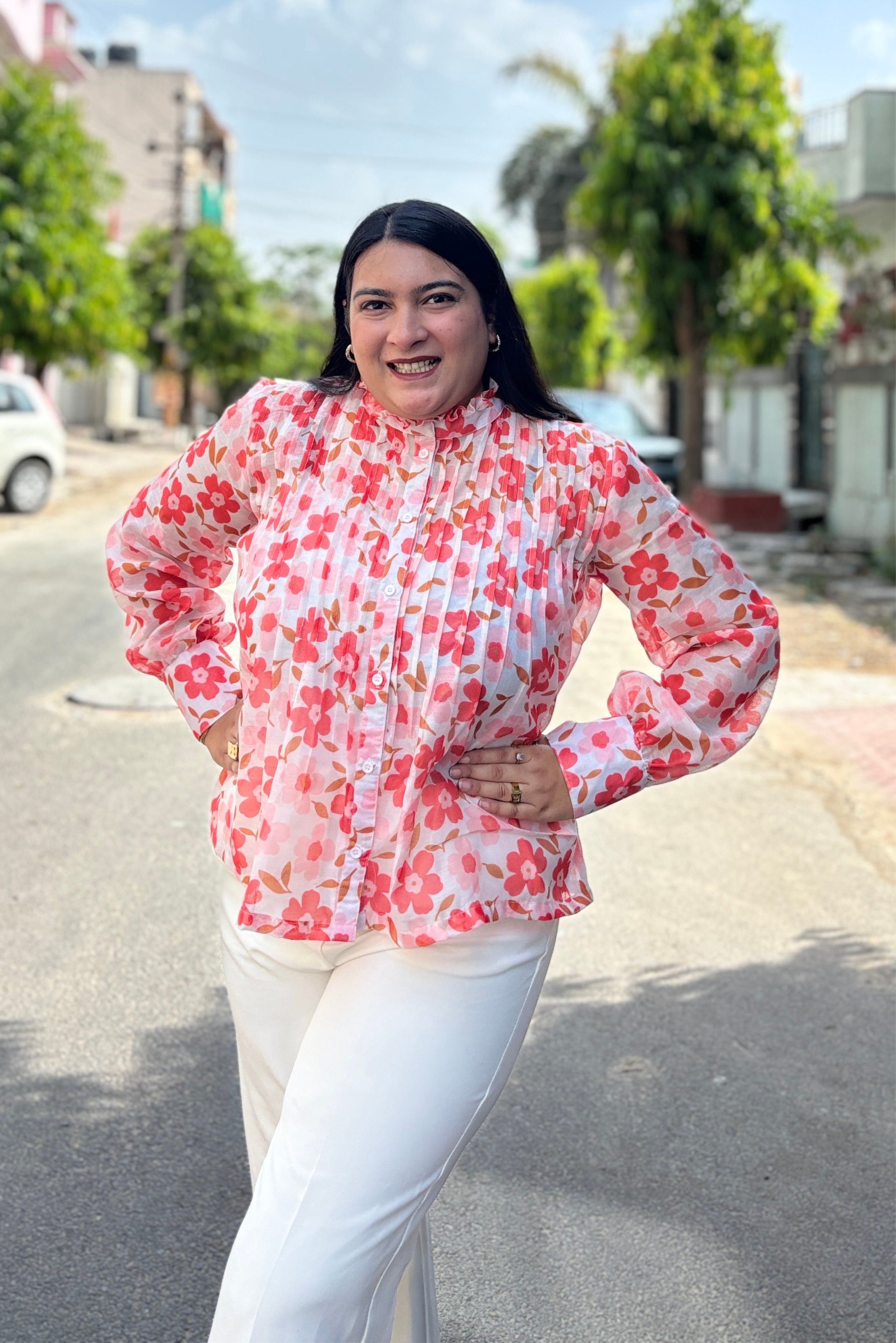 Pleated Floral High-Neck Shirt