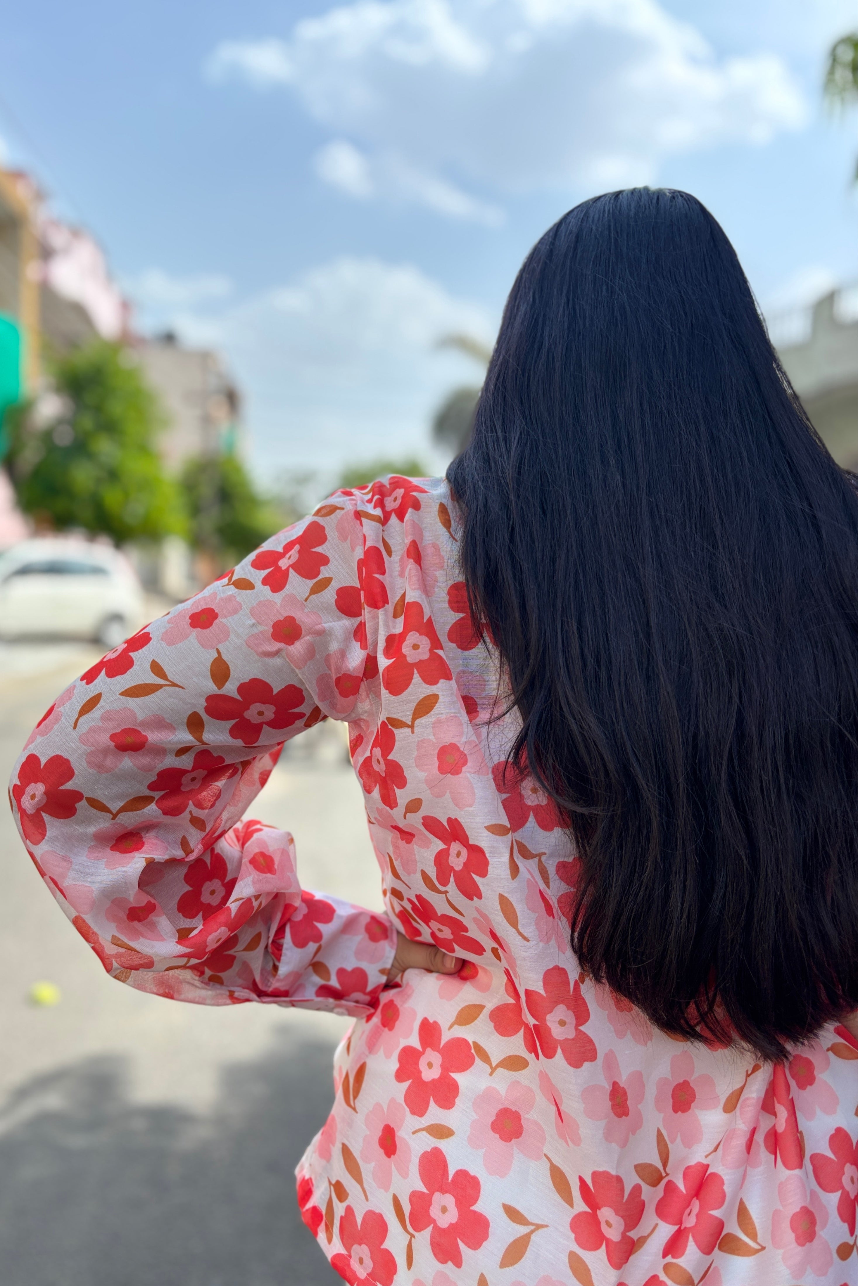 Pleated Floral High-Neck Shirt