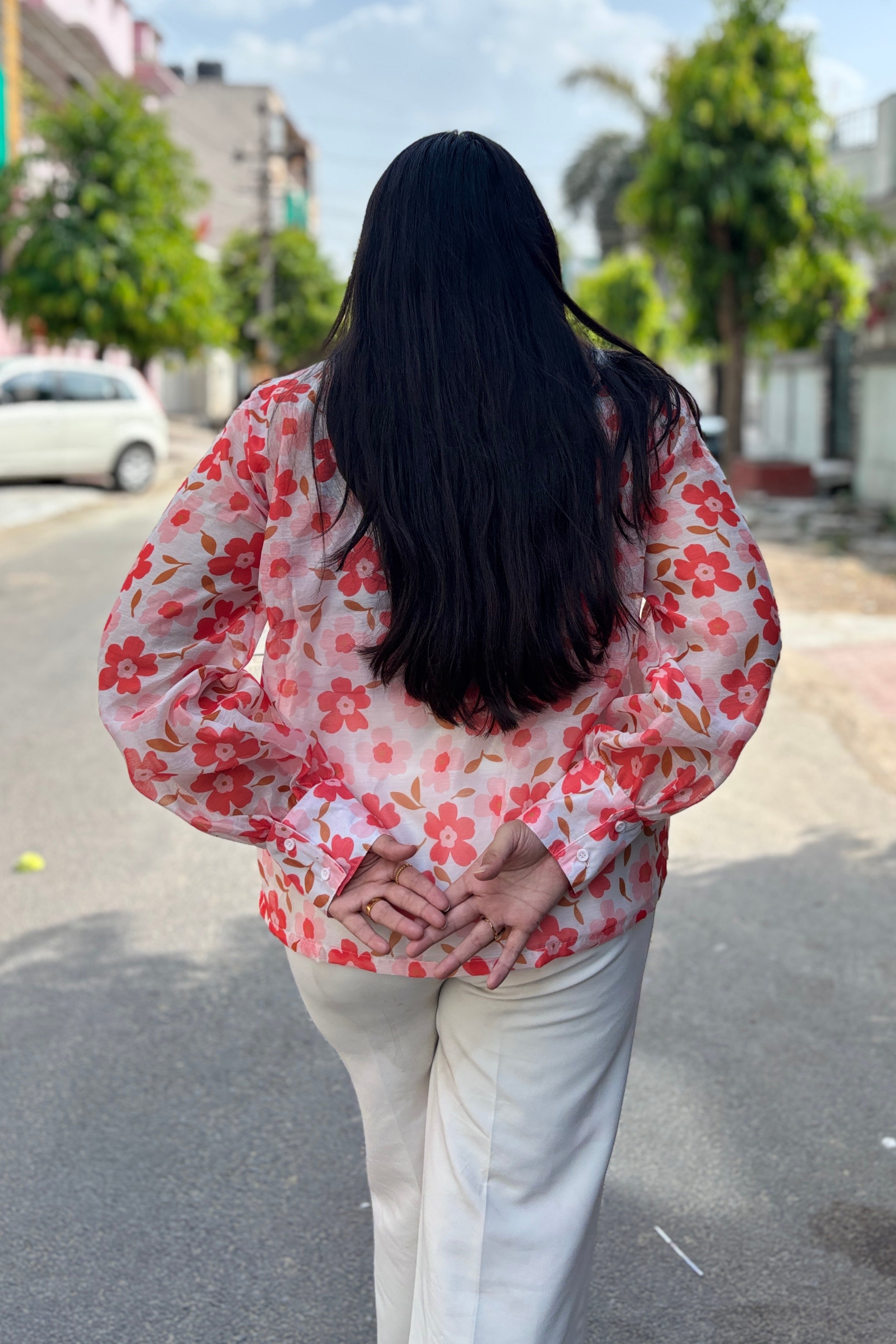 Pleated Floral High-Neck Shirt