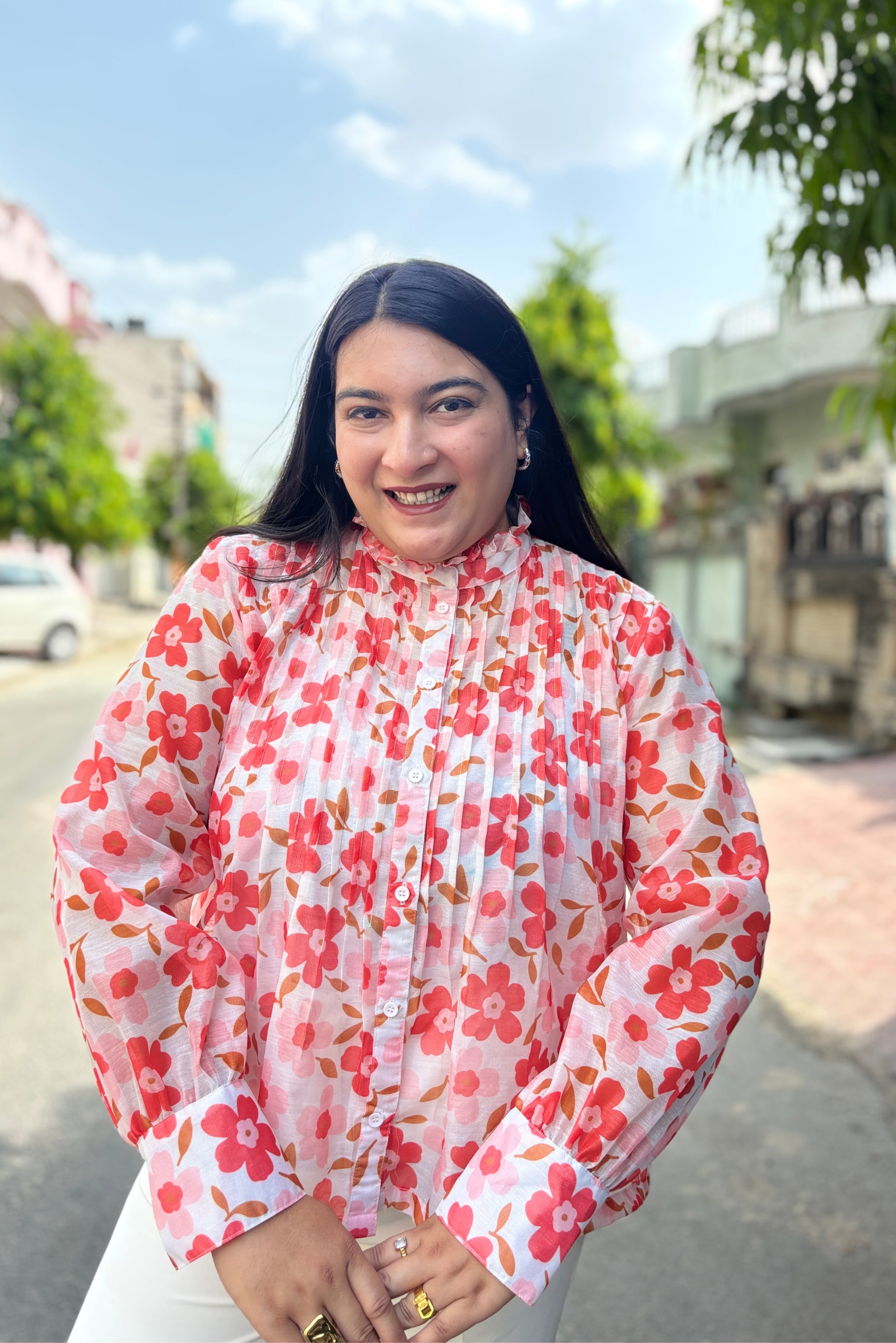Pleated Floral High-Neck Shirt