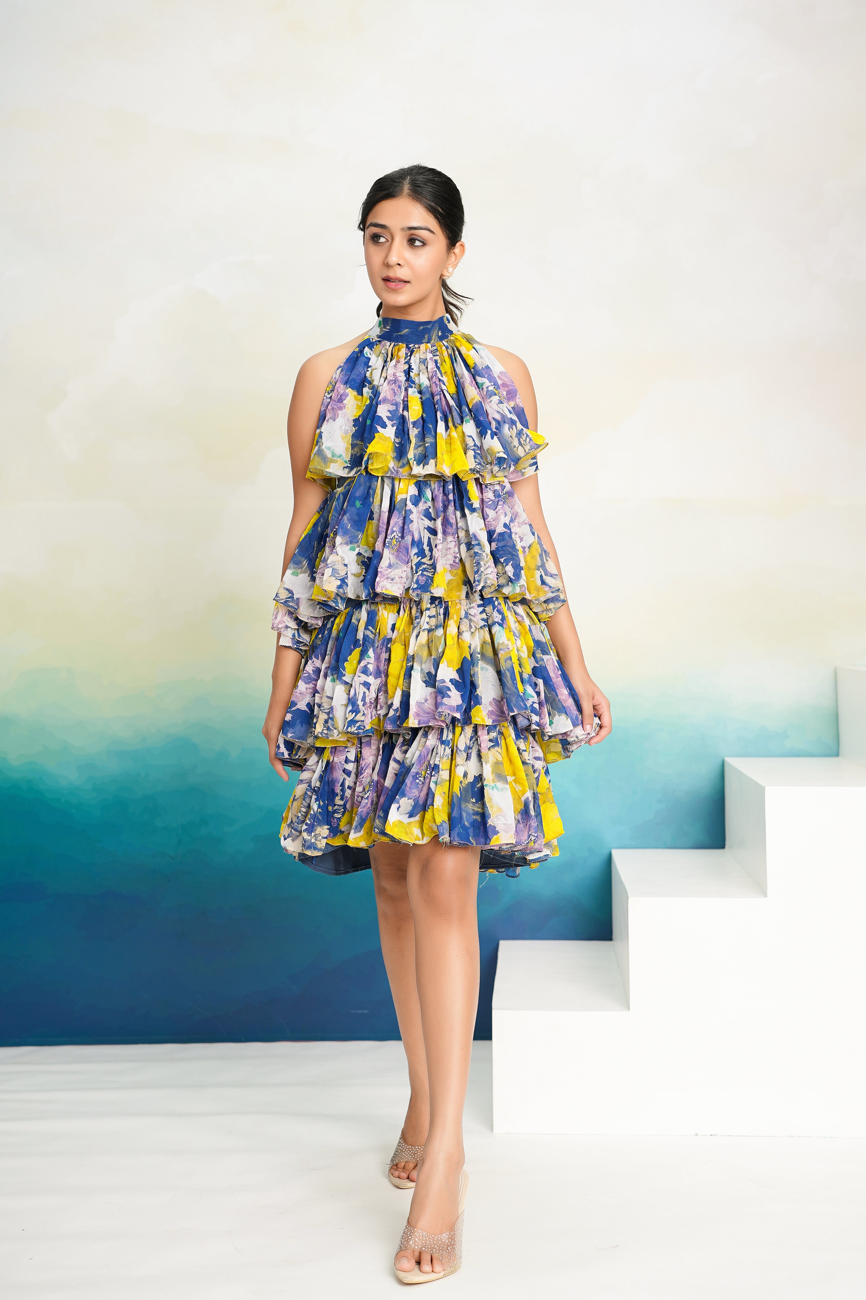 Ultramarine Printed Frill Mini Dress