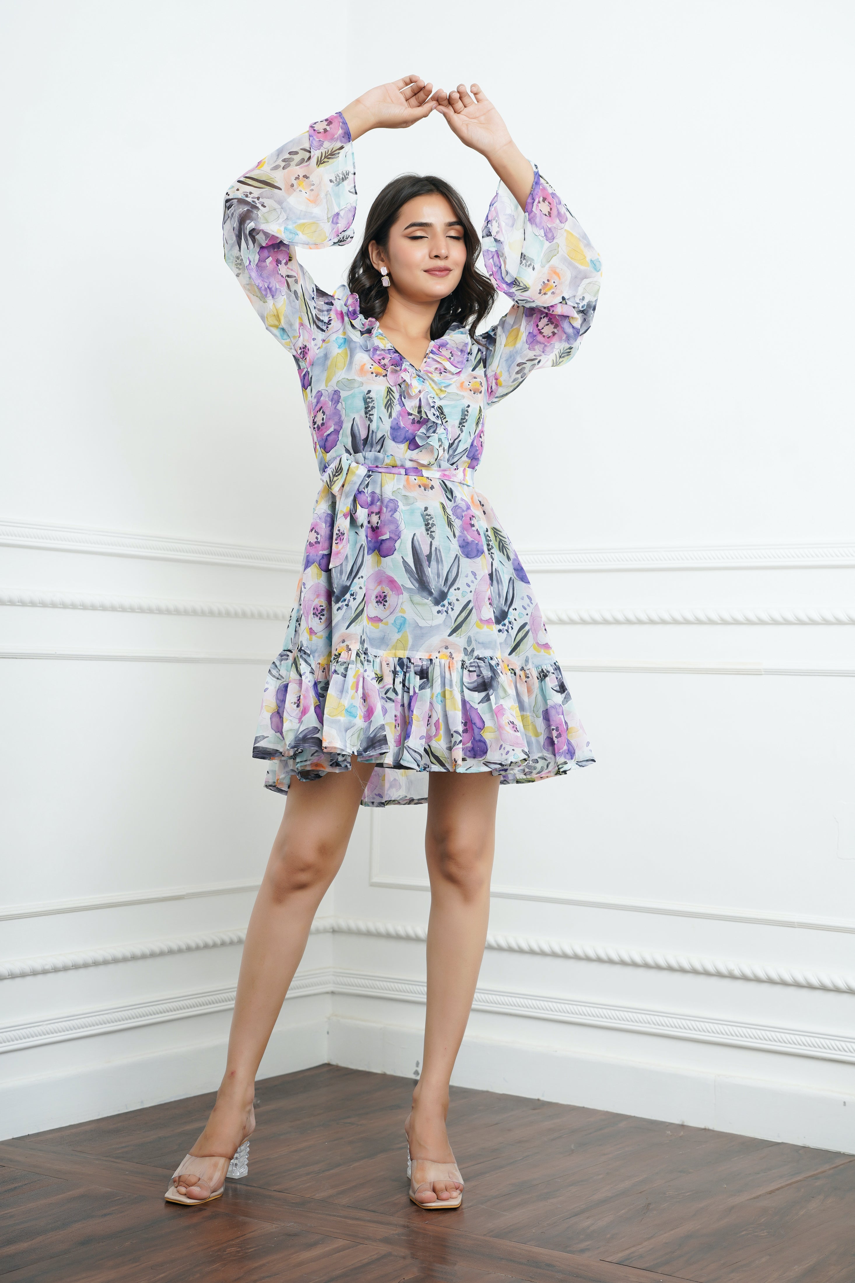 Light Blue-Grey Printed Mini Dress