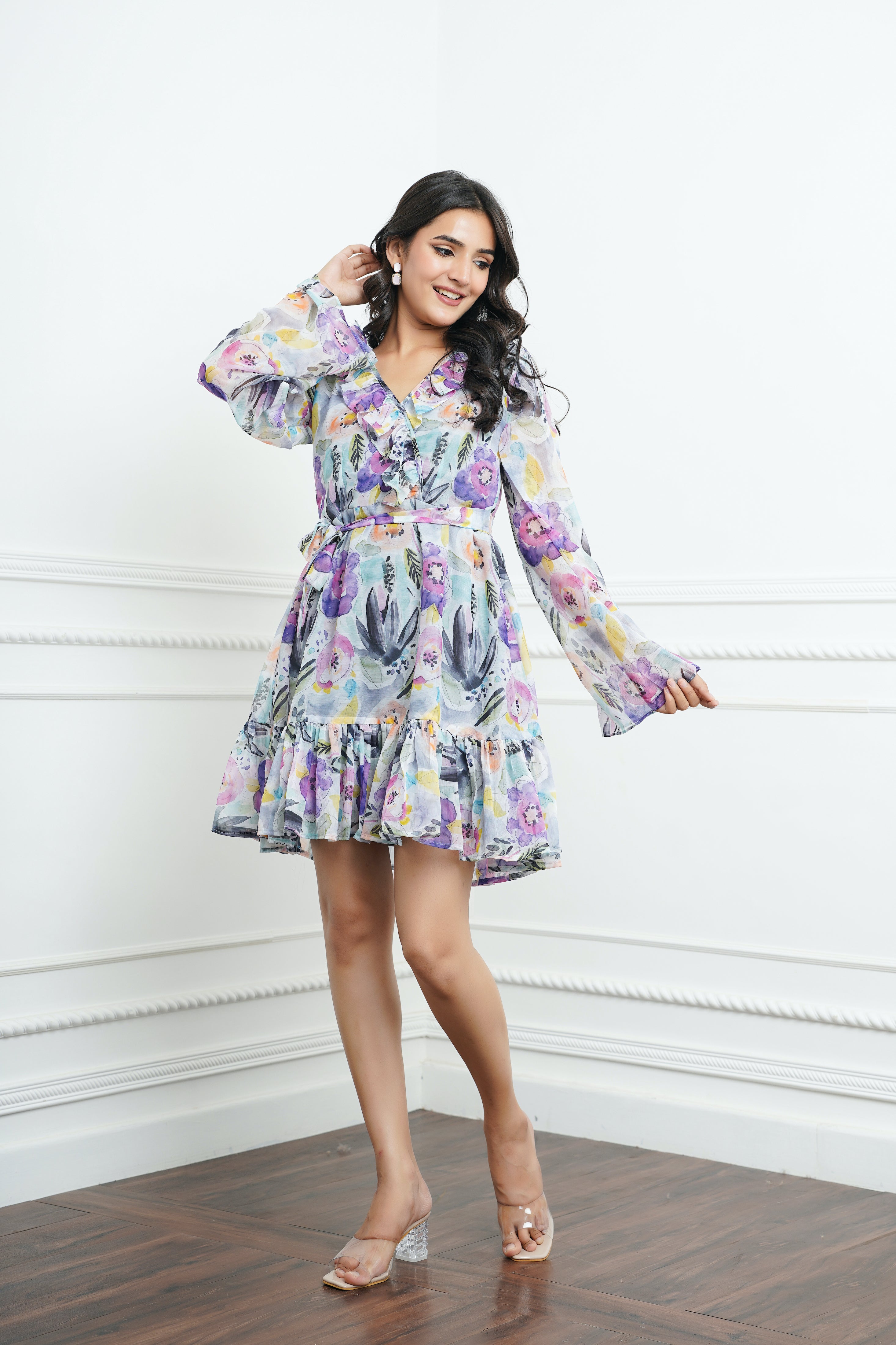 Light Blue-Grey Printed Mini Dress