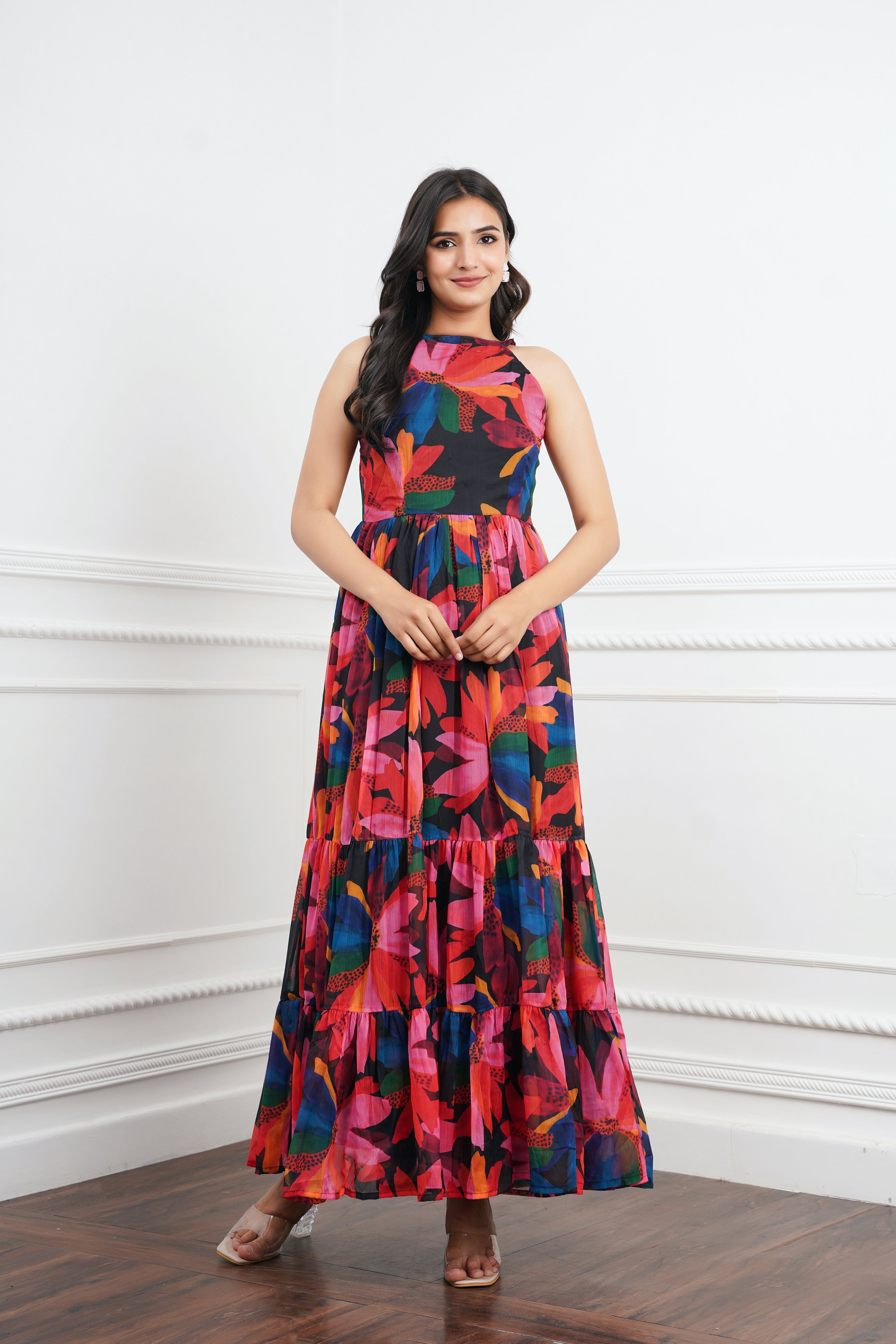 Black Big Floral Maxi Dress