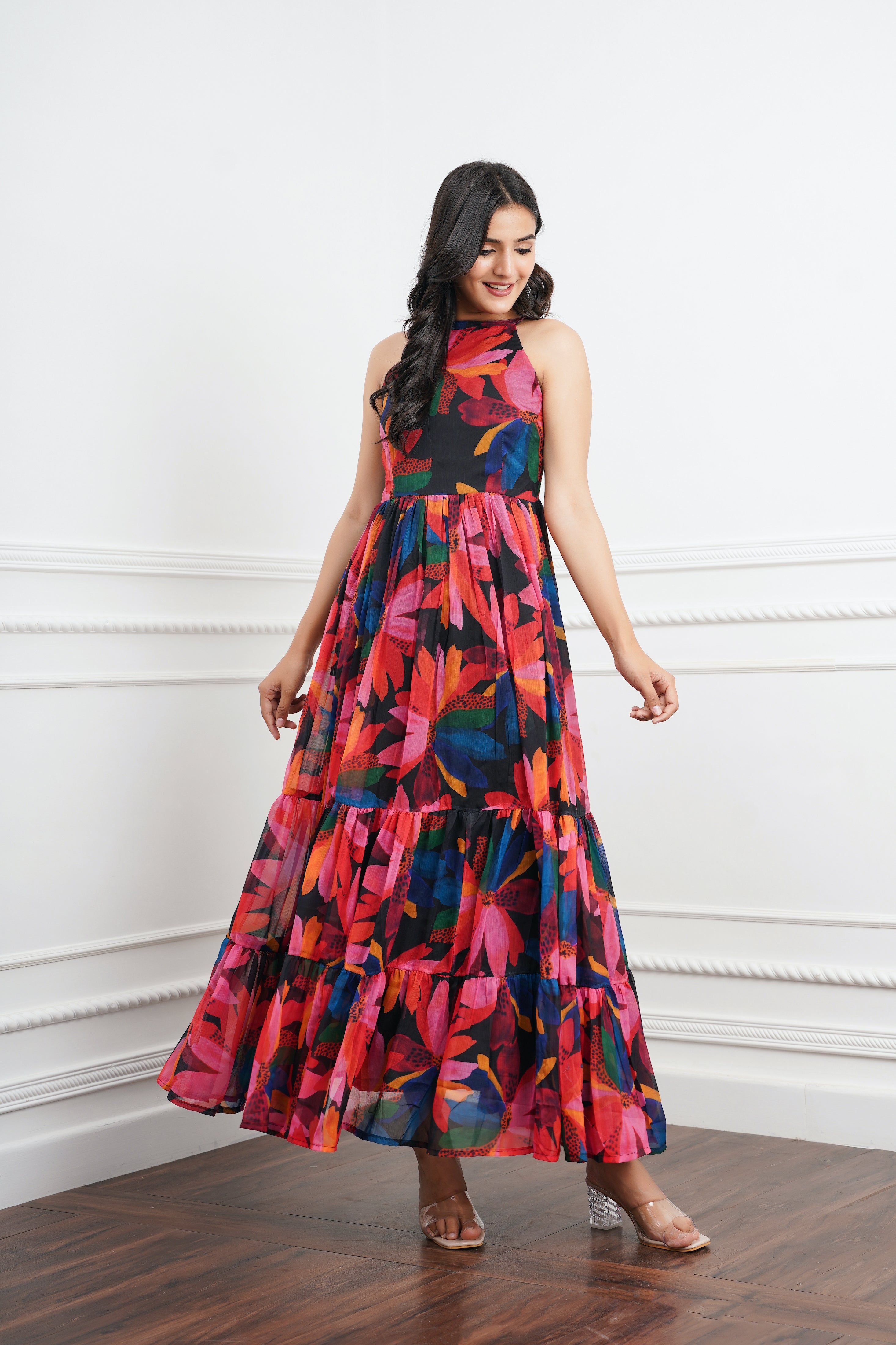 Black Big Floral Maxi Dress