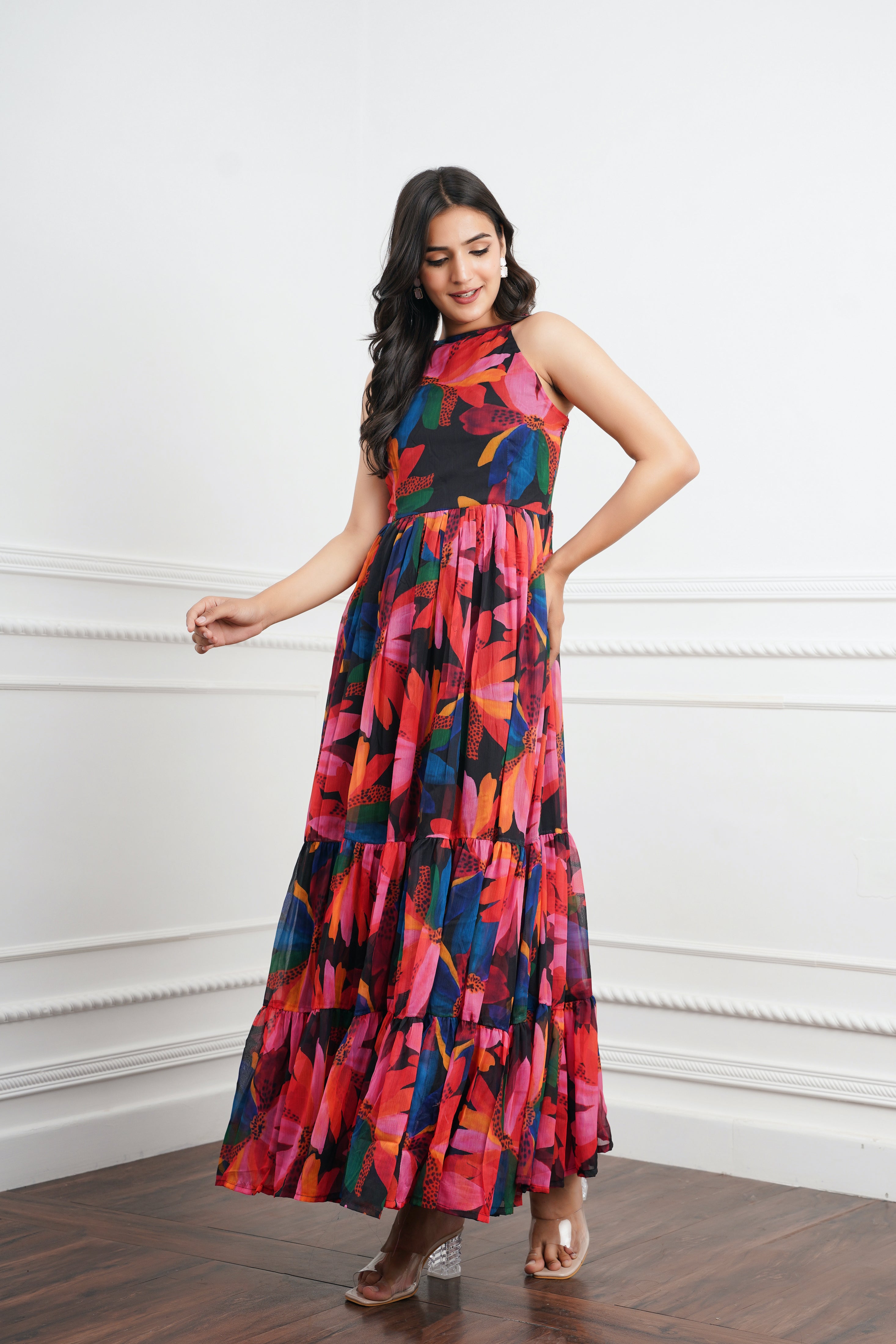 Black Big Floral Maxi Dress