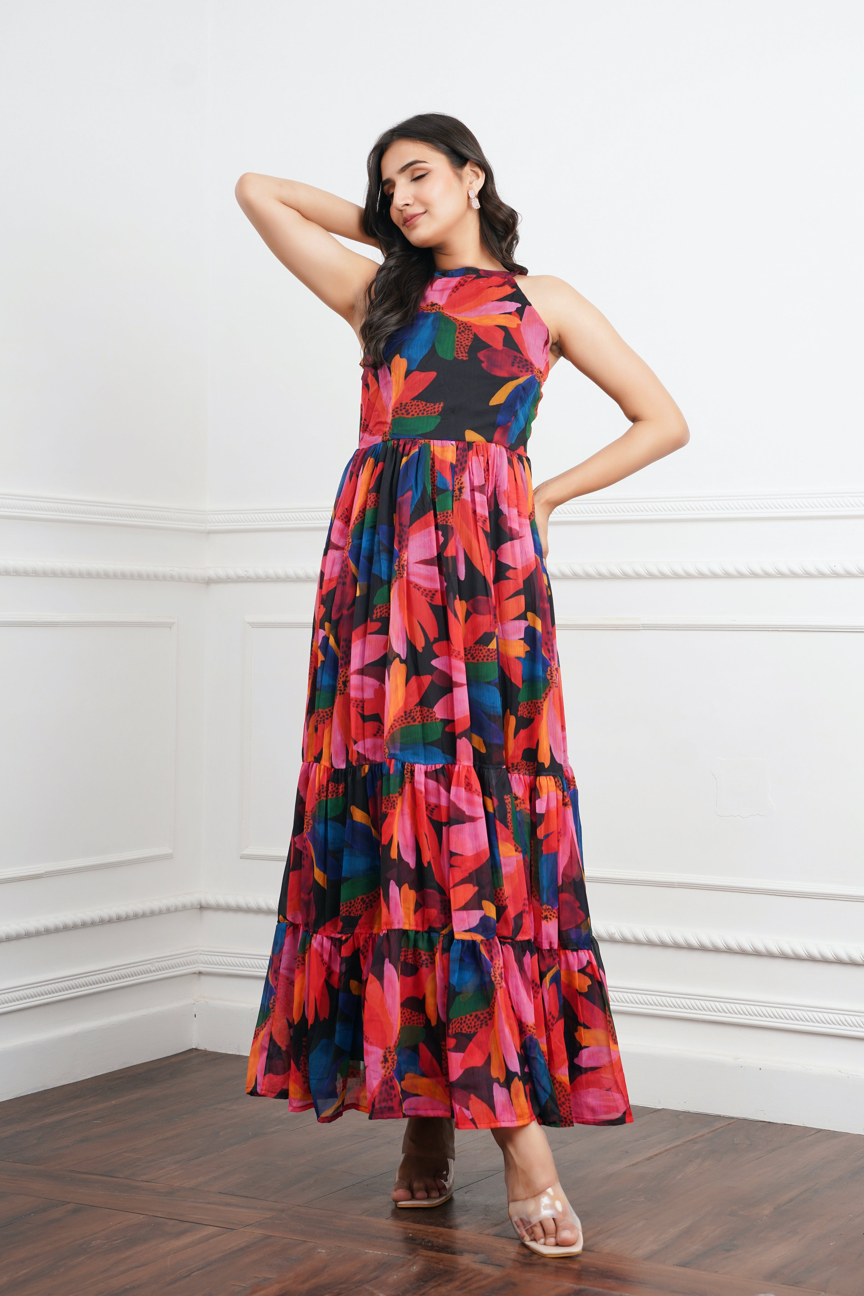 Black Big Floral Maxi Dress