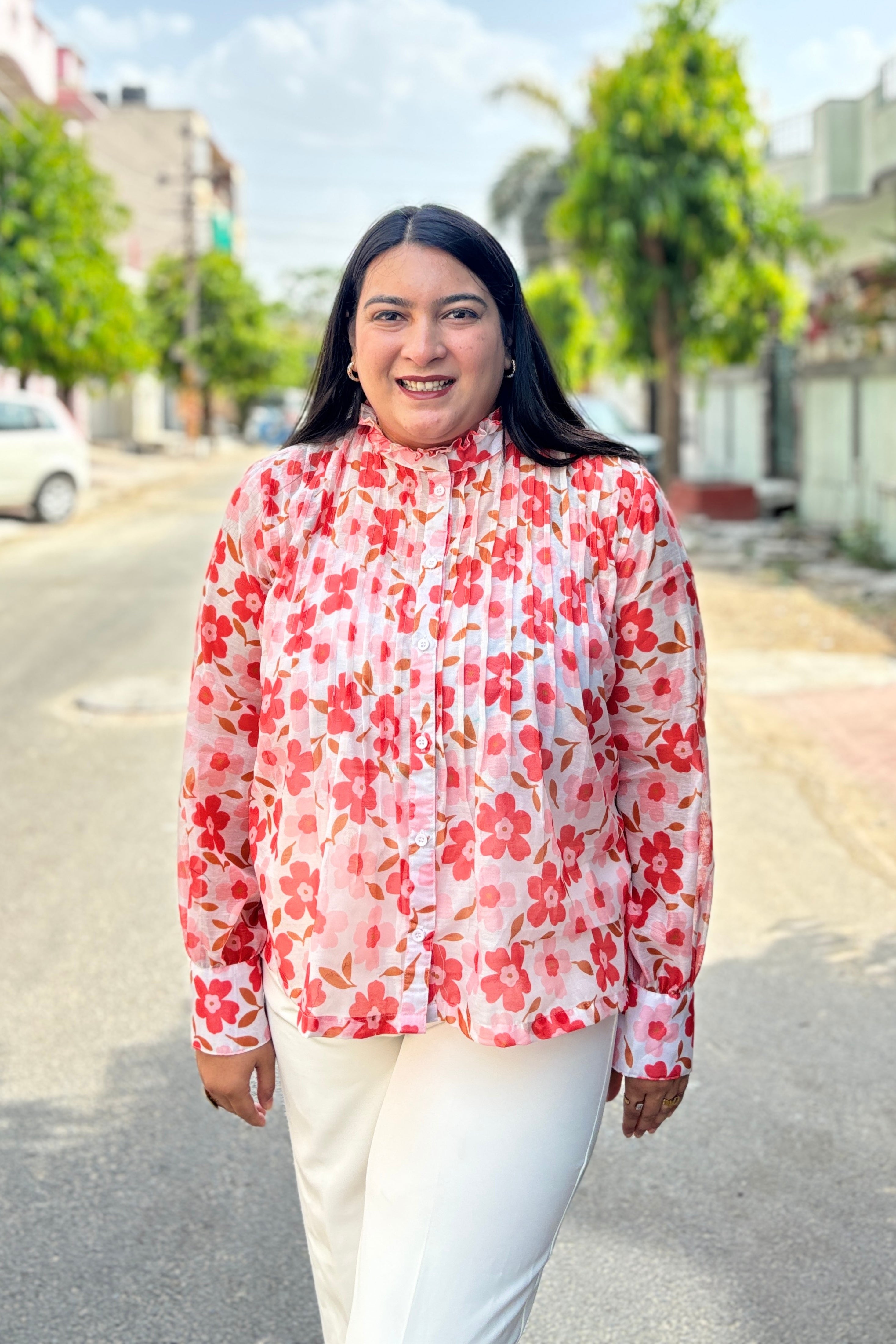 Pleated Floral High-Neck Shirt
