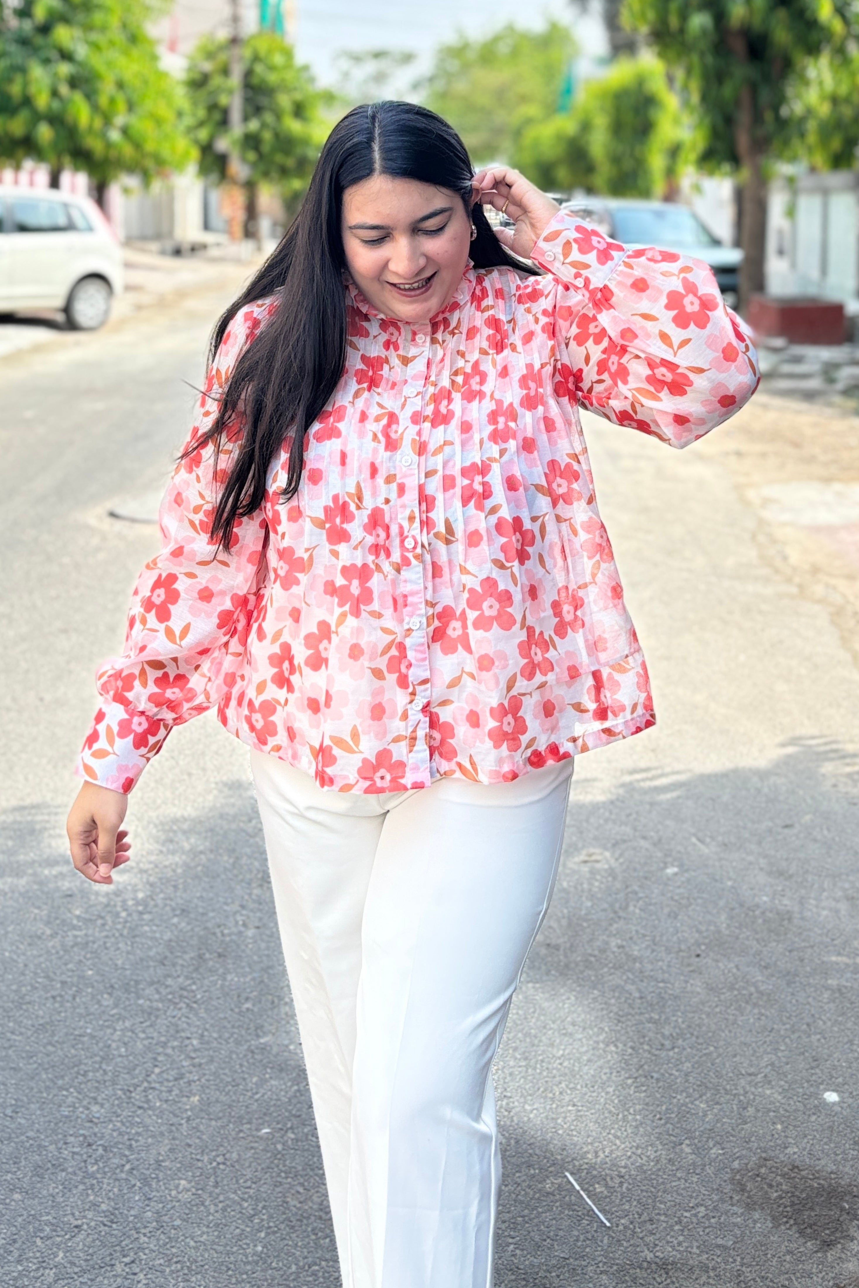 Pleated Floral High-Neck Shirt