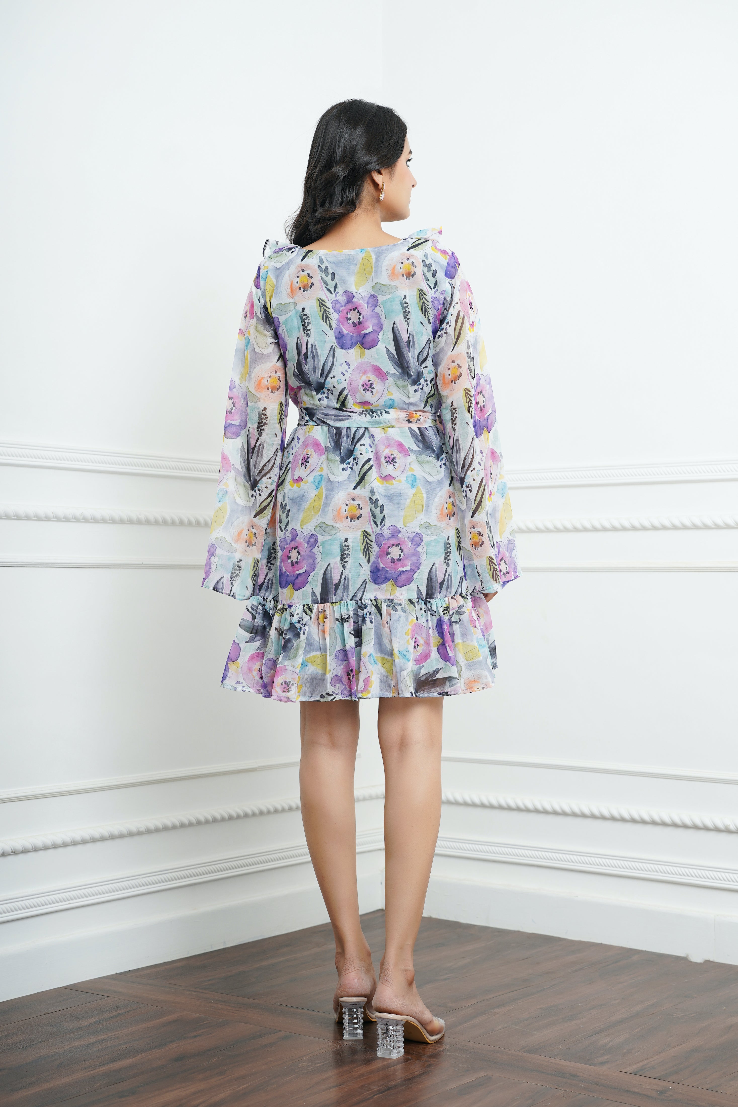 Light Blue-Grey Printed Mini Dress