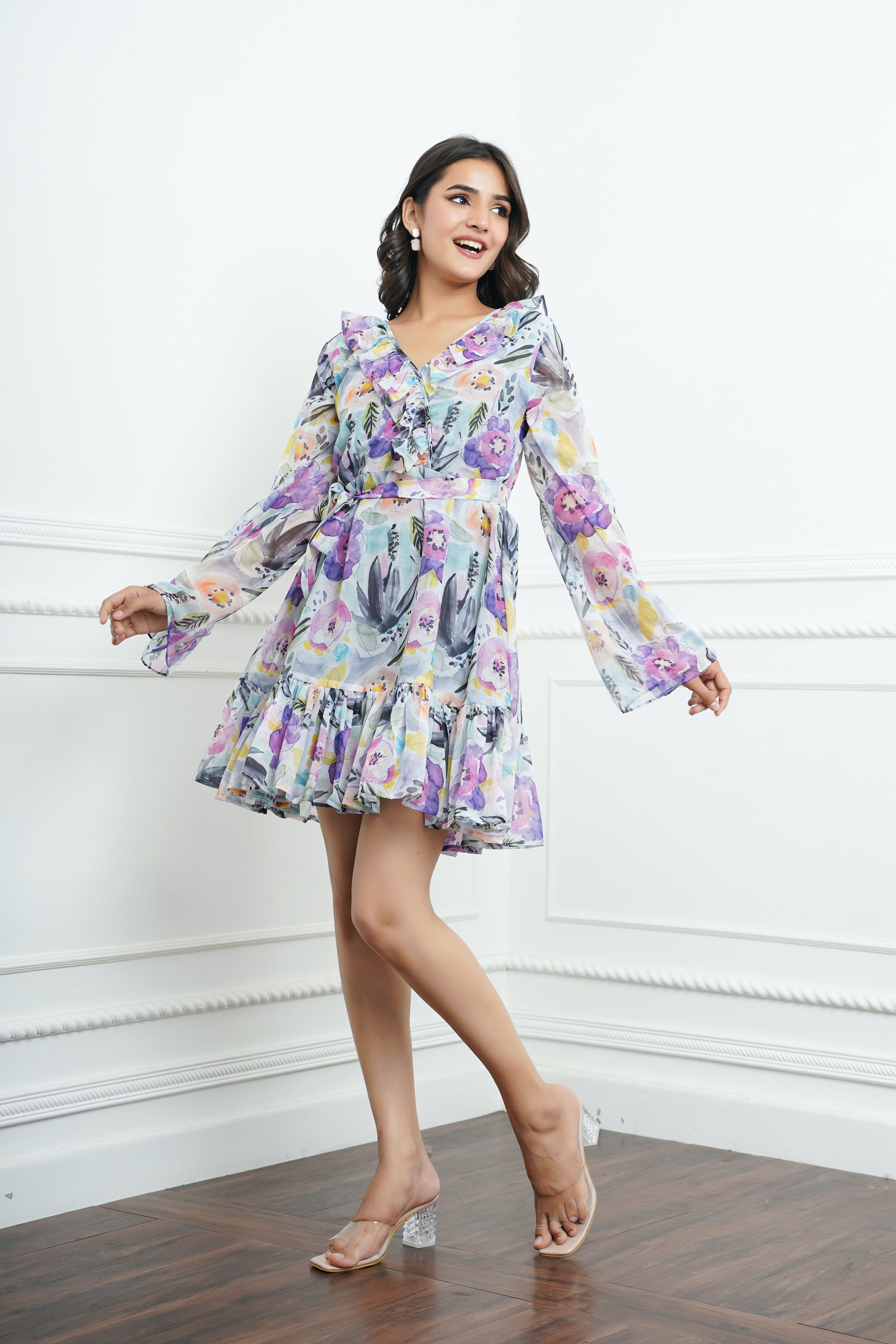 Light Blue-Grey Printed Mini Dress